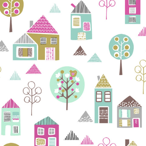 Pink Houses on White Cotton Fabric for Girls - 1/2 Mtr