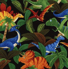 Stacked Dinosaurs Black Cotton Fabric Remnant